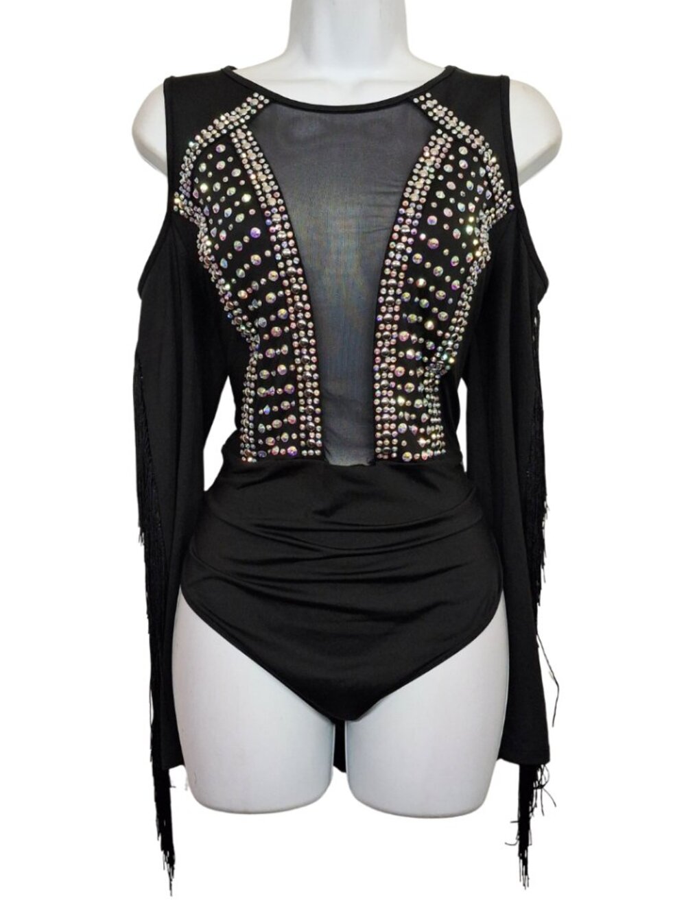 Black Rhinestone Bodysuit Mesh Cold Shoulder Fringe Long Sleeve Stretchy XLarge